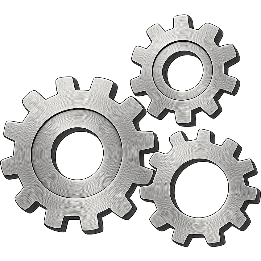 a group of three interlocking metallic cogs, simple design emoji