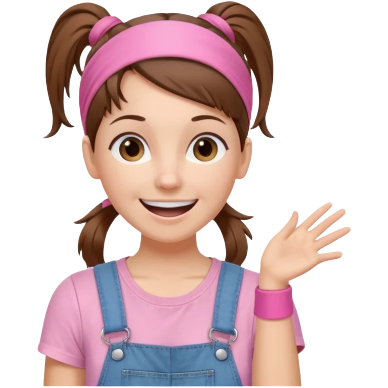 white woman with brown hair  tied together with one elastic pony tail. wearing a light pink thin width headband, Has a pink t-shirt with denim overalls. enthusiastic expression with big smile emoji