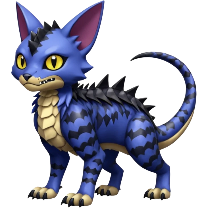 midnight blue-gray-black, scaley scaly batty feline-like quadrupedal digitigrade furry feral Bastet-Noibat-Gatomon-Garchomp-Digimon-Fakémon-Pokémon-creature (full body) emoji