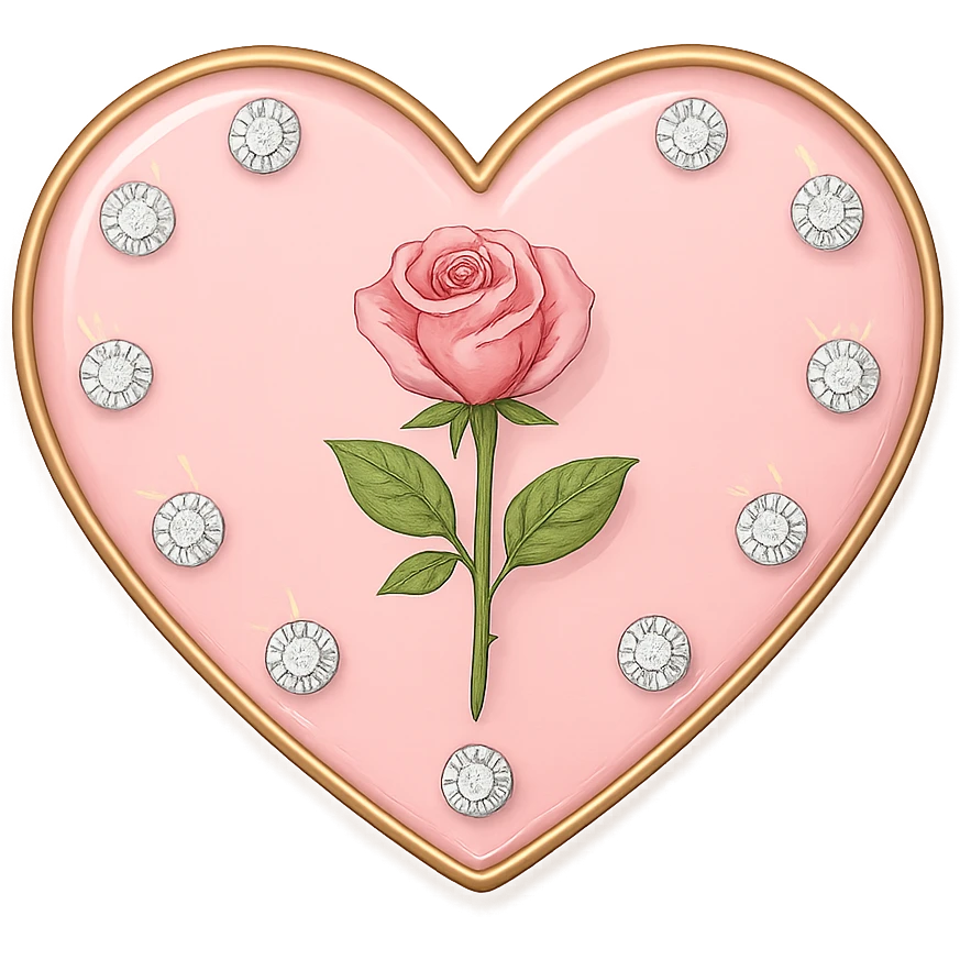 single rose pink heart, pastel pink enamel, sparkling gems emoji