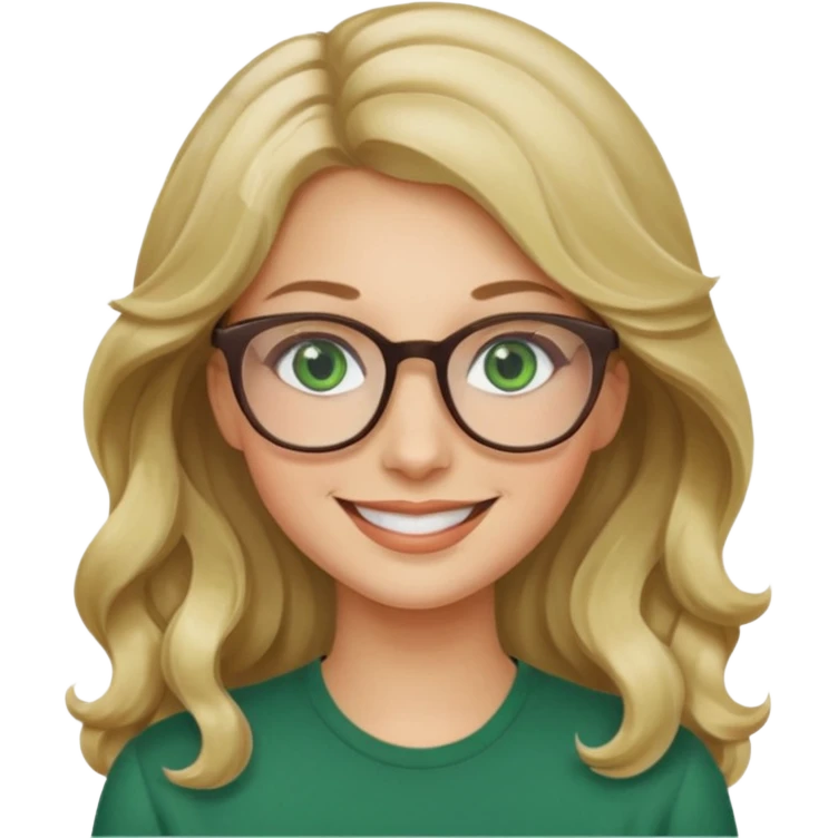 long wavy darker blonde hair woman with green eyes and glasses smiling emoji
