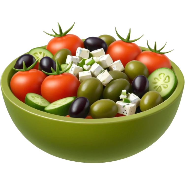 mediterranean salad bowl object icon, tomatoes, cucumbers, olives, feta cheese, olive oil dressing, 3D cartoon, mobile game icon style, clean background, no text, no watermark
 emoji