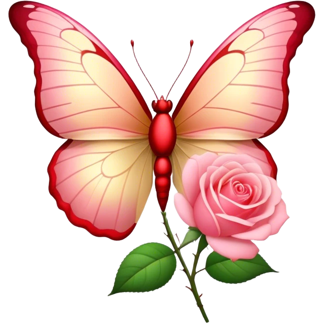 "A delicate butterfly with Champagne Pink wings edged in Bittersweet Red flutters gracefully over a blooming rose. Its soft yet vibrant hues create a dreamy, romantic atmosphere." emoji