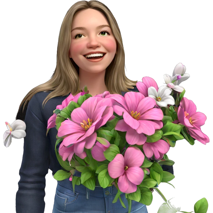 smiling girl with pink flower emoji
