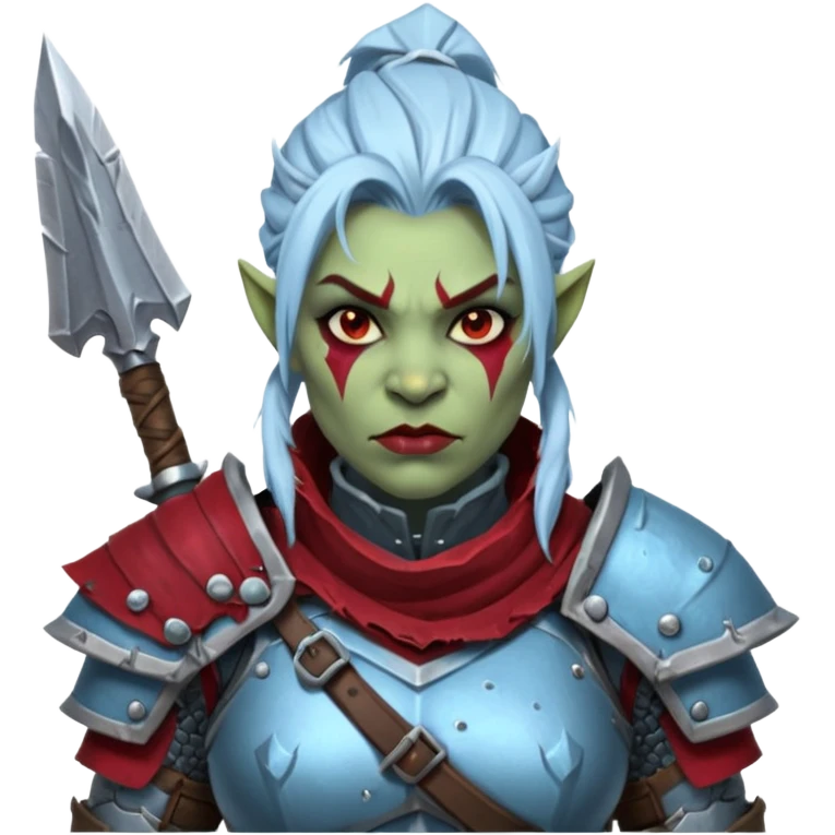 
Fantasy Christmas orc legion soldier icon, iron tundra army theme, heavy winter armor, disciplined brutal look, icy blue steel armor with deep crimson accents, frozen metal texture, cold winter atmosphere, female variant
 emoji