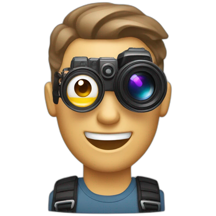 Male Photographer shaved Caucasian wavy hair brunette holding camera emoji