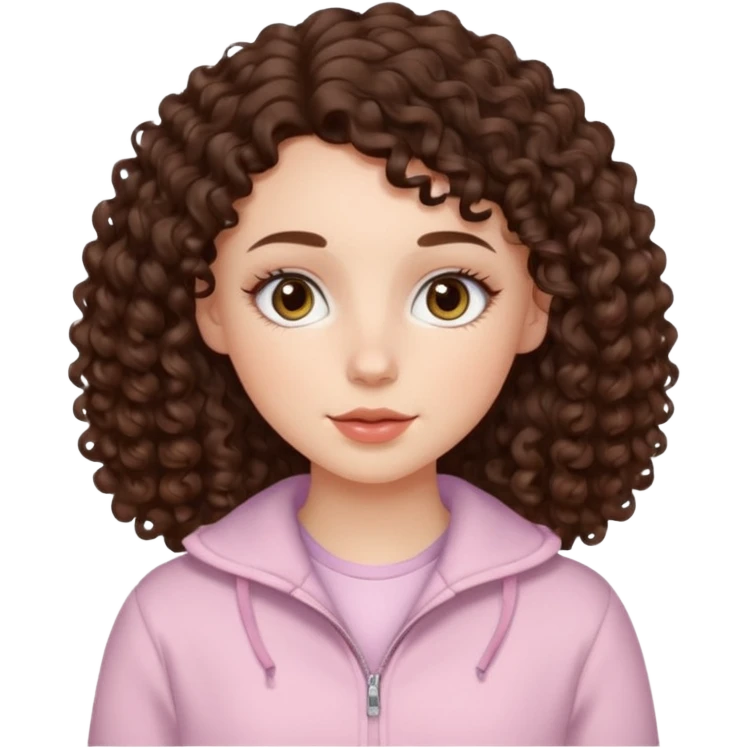 White girl with dark brown long 2C curly hair, brown almond shape eyes, small wide nose, natural lips. Cute clothnig emoji