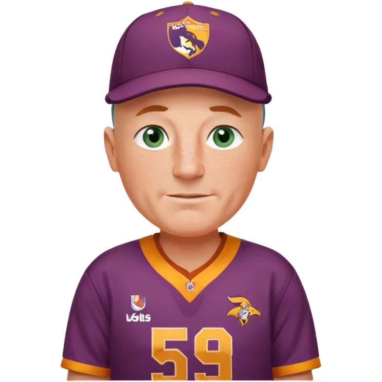 young-ish 50 year old man dressed in a brisbane broncos jersey, bald head, fair freckled skin, happy face, blueish green eyes, wearing brisbane broncos baseball style cap, picture should be down to waist, hands on hips in a player stance emoji