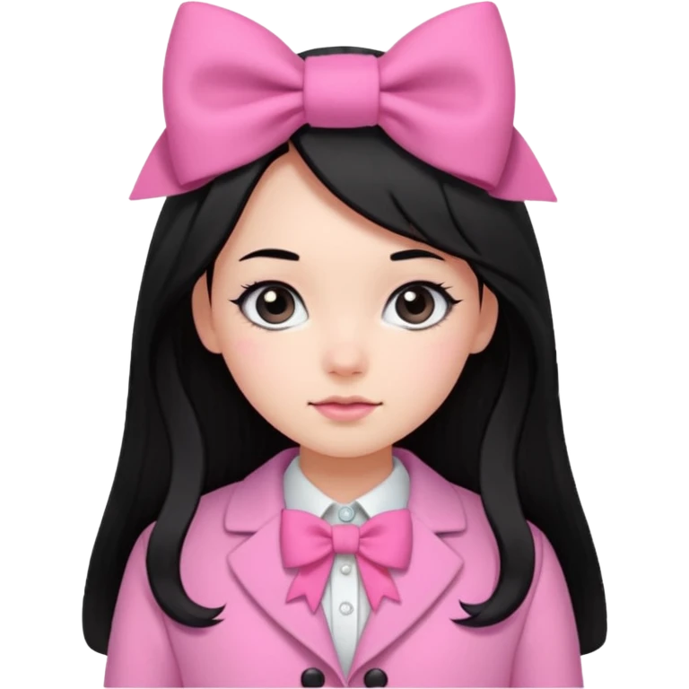 A cute girl, long black hair with 🎀, black eyes, wearing a pink coat and a pink shirt inside  emoji
