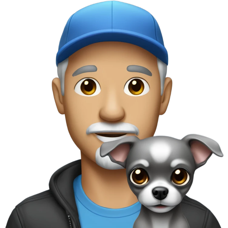 blue eyed man, with grey hair,  and grey goatee, wearing ball cap, holding ‘a black long hair chihuahua’ emoji