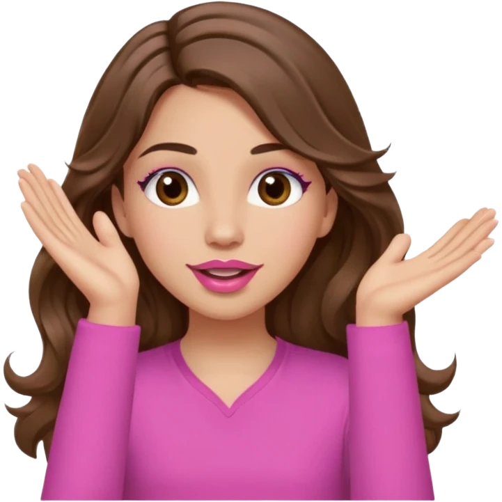 girl with long wavy brown hair, brown eyes, light to medium complexion, in a pink shirt, pink lips, long lashes, puckered lips, both hands in teh air emoji