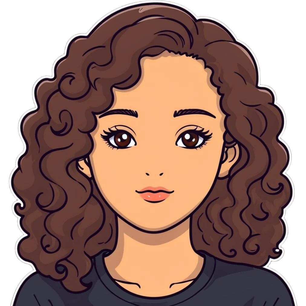 young woman with long curly brown hair, hazel eyes, long eyelashes emoji