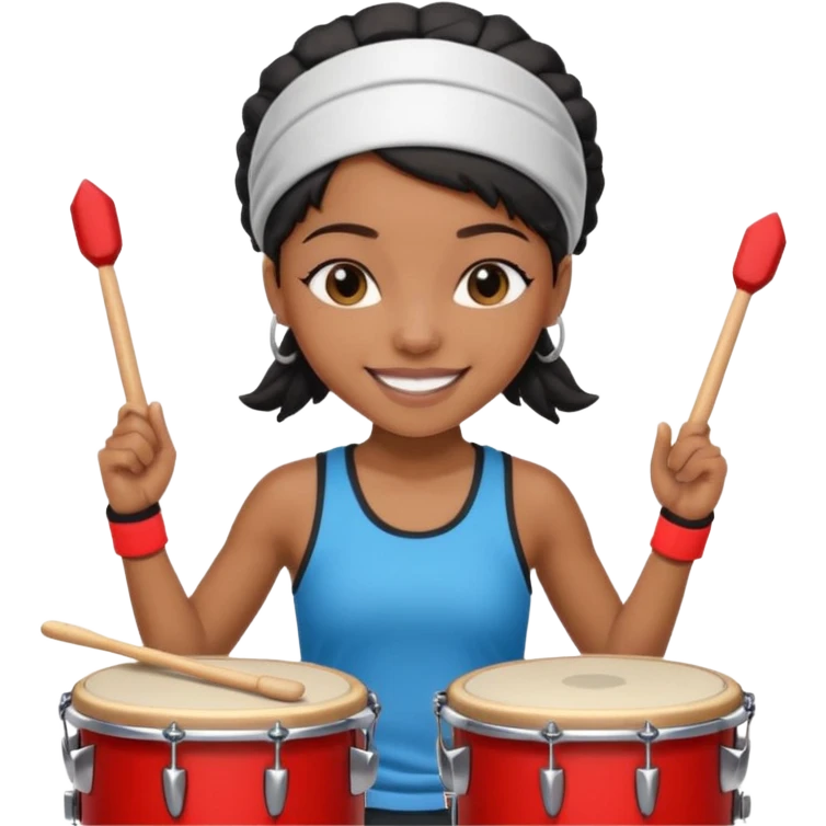 A black girl drummer with a sporty headband and clothes, tapping her drum rhythmically with a grin. emoji