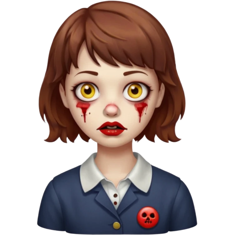 FAÇA UMA PERSONAGEM FOFA COM NARIZ DE BOLINHA AVERMELHADO CLARO E ZUMBI CABELO MARRON ONDULADO E FRANJA CURTA   COMO SE NÃO SOUBESSE OQ FEZ LÁBIOS CLAROS FECHADOS E OLHOS AMARELOS emoji