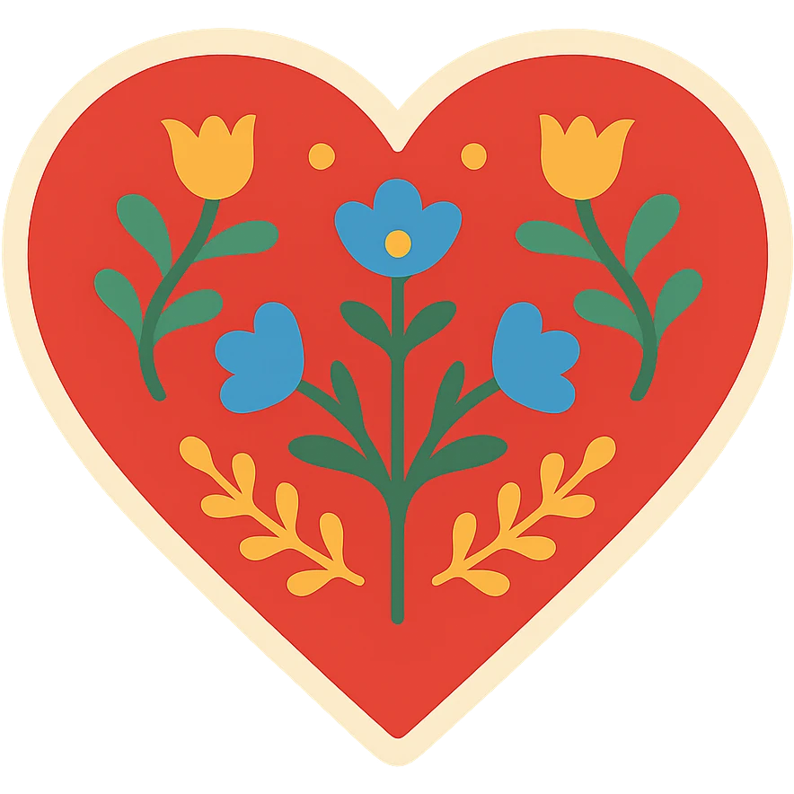 Red heart with Scandinavian folk art, minimalist nature motif, featuring bright folk colors and clean, simple floral elements. The design is easily recognizable when downsized and includes a border around the heart. emoji