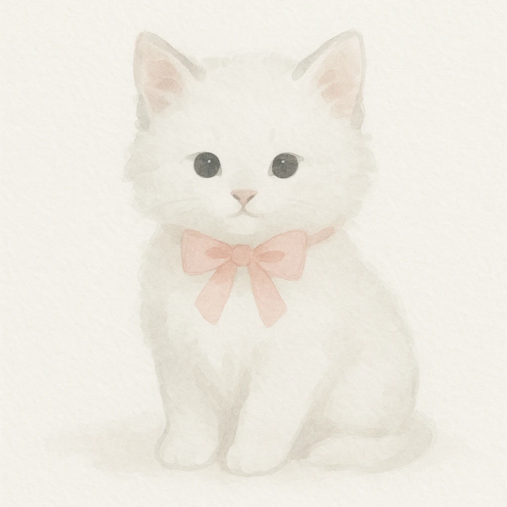 cute fluffy white kitten with a light pink bow, watercolor art style emoji
