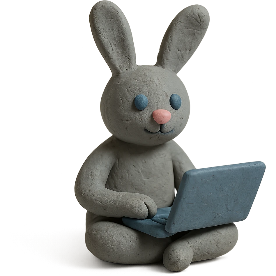 gray bunny sitting cross-legged with laptop in claymation style emoji