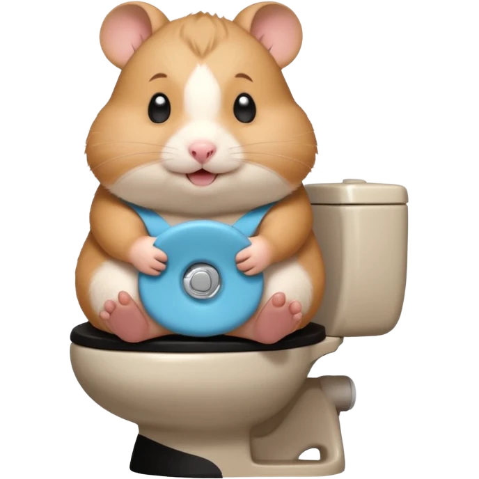Cute chubby cartoon-style hamster sitting on toilet, sticker-style illustration emoji