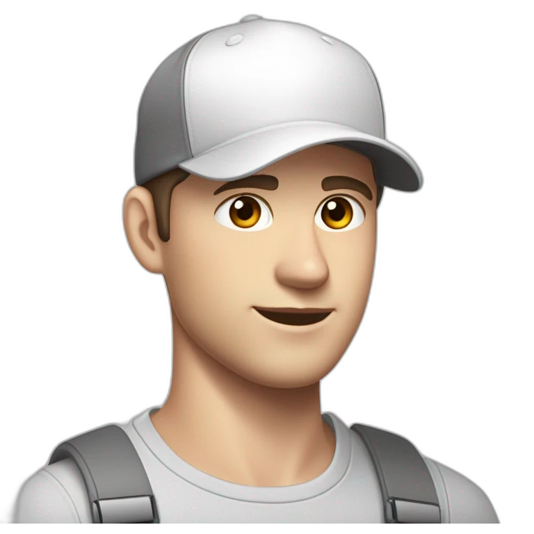 Pale skinned fit Man with dark brown hair in a white cap, gray jeans and gray polo T-shirt keeping a pasted with tape white box into his hands emoji