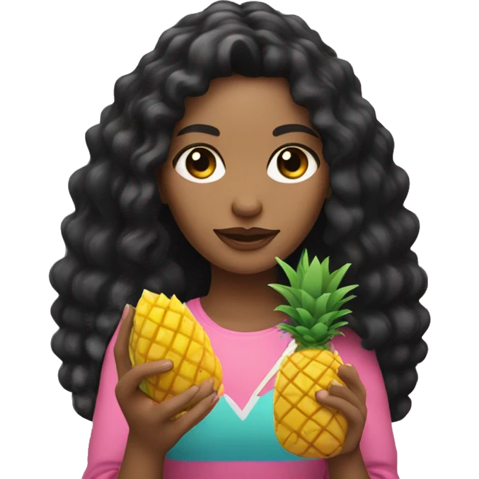 woman with light skin white long black curly hair wearing pink holding a pineapple in hands emoji