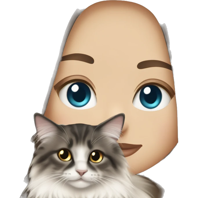 long straight haired blue eyed brunette woman holding norwegian forest cat with amber eyes emoji