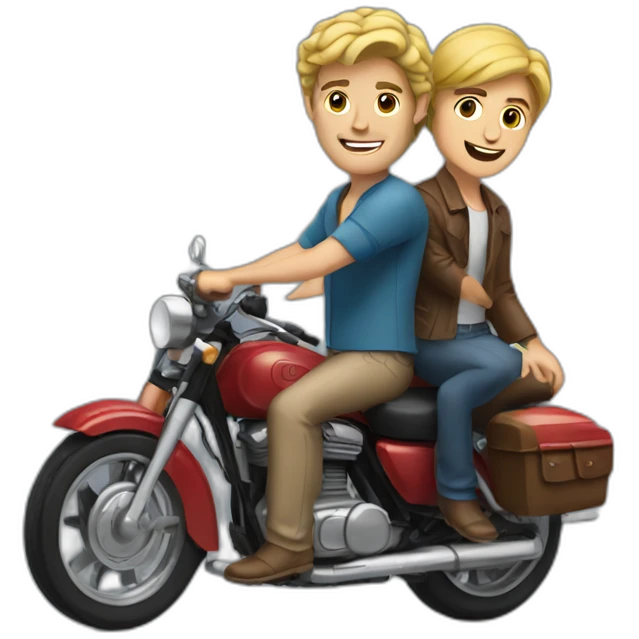 blonde man with brown haired man behind on motorbike emoji