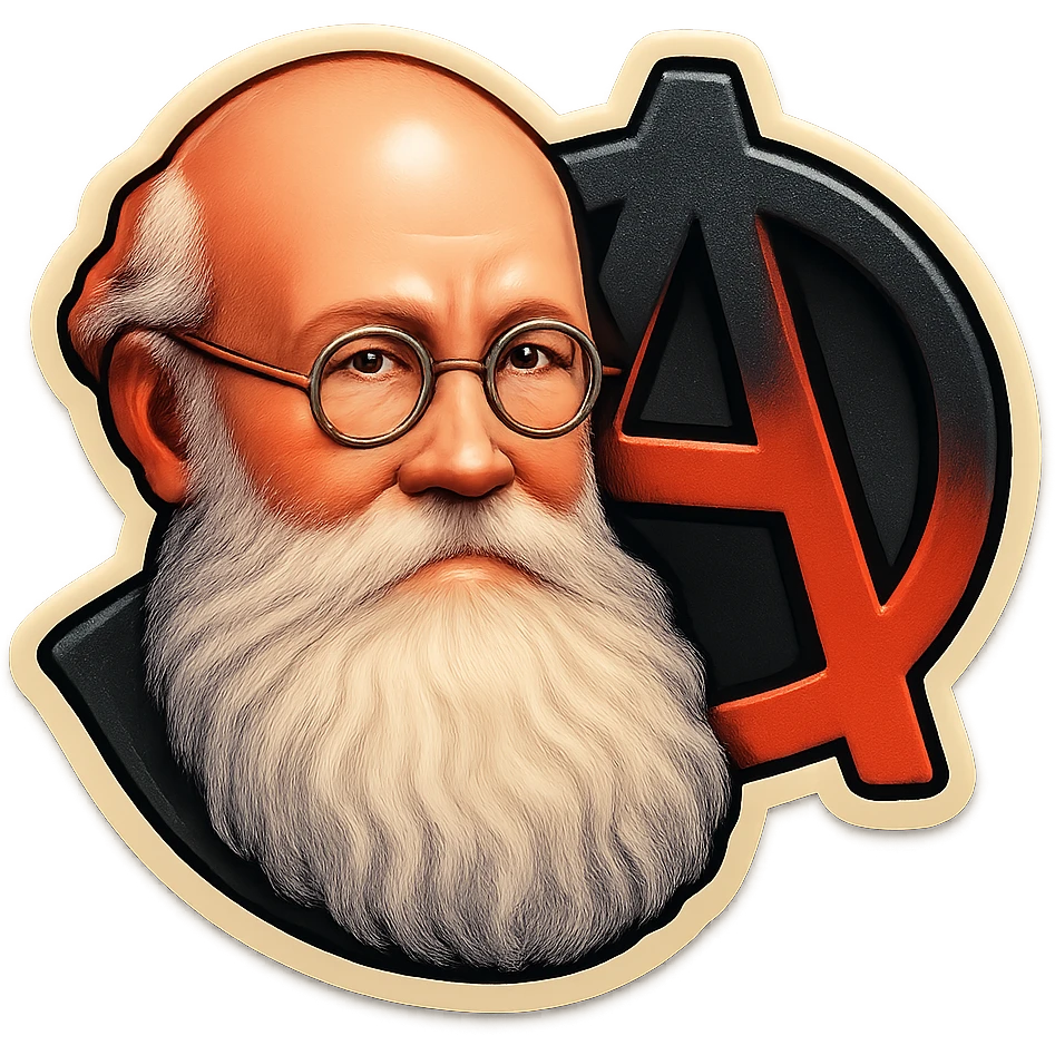 Peter Kropotkin's face with an anarchist symbol, retro sticker style emoji
