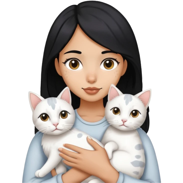 A black hair girl holding a white cat with grey spots emoji