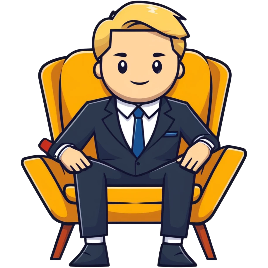 blonde business man in suit relaxing in chair at beach resort, vacation vibes emoji