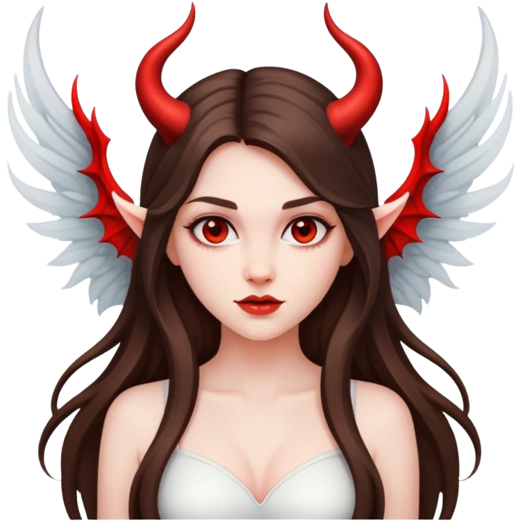 beautiful pale brunette girl with long hair with devil horns and wings emoji