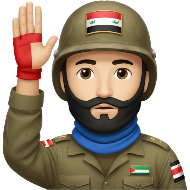 surrenders, depicts an Iraqi soldier from 1980, with a beard, in a helmet, a helmet with sign flag Iraq, with a balaclava, with sad eyes and both hands raised up emoji