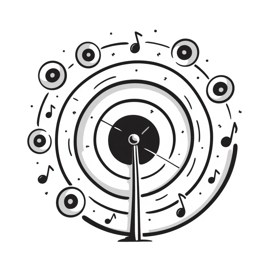 symmetrical target with musical marketing elements such as musical notes, speakers, growth charts, doodle style, square emoji format, suitable for online course cover emoji