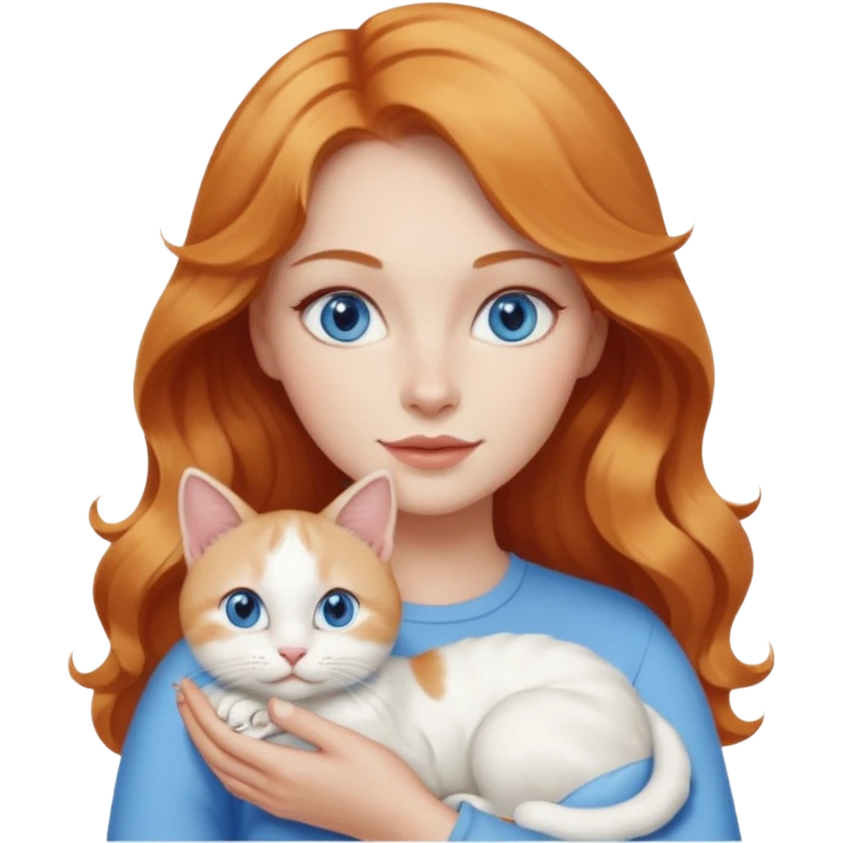 Long wavy strawberry blonde blue eyes woman with a white cat with blue eyes emoji