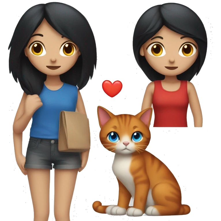 a girl with long, straight black hair and blue eyes with a red cat emoji
