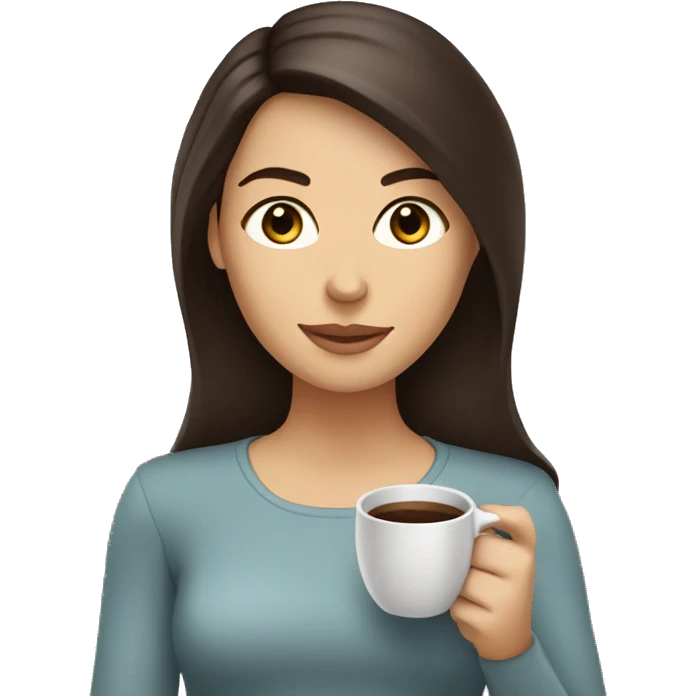 Caucasian woman, medium straight dark brown hair and dark brown eyes. Drinking coffee. emoji