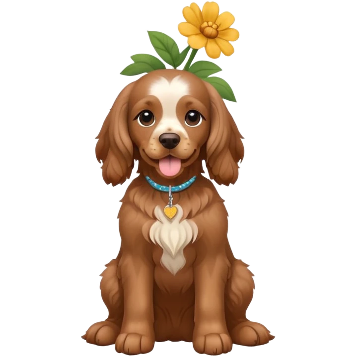 Full body shot of a brown cocker spaniel sitting happily with a flower on his head emoji