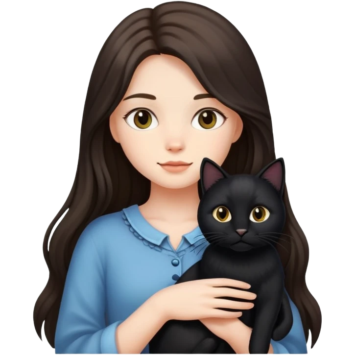 A long-haired girl holding a black cat emoji