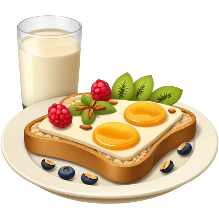 Vegetarian breakfast emoji illustration, flat iOS emoji style, toast, fruits, oatmeal, nuts, milk, no eggs, no meat, no fish, no non-vegetarian food, clean white background.” emoji