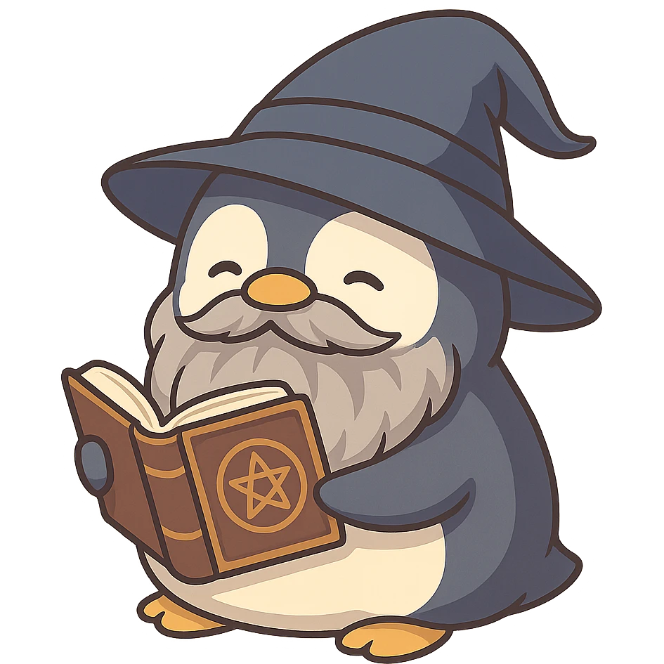 cartoon style chubby penguin in wizard attire, with a long beard and a spellbook emoji