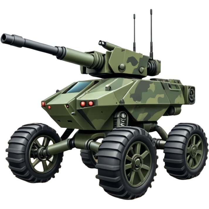 a roomy 4-wheel armored personnel stealth camouflage army massive mech trail vehicle shooting forward side-hill leaning actively articulating independent suspended pod gimbal enemy mech off-road racing rover with large fast engine RC basher  emoji