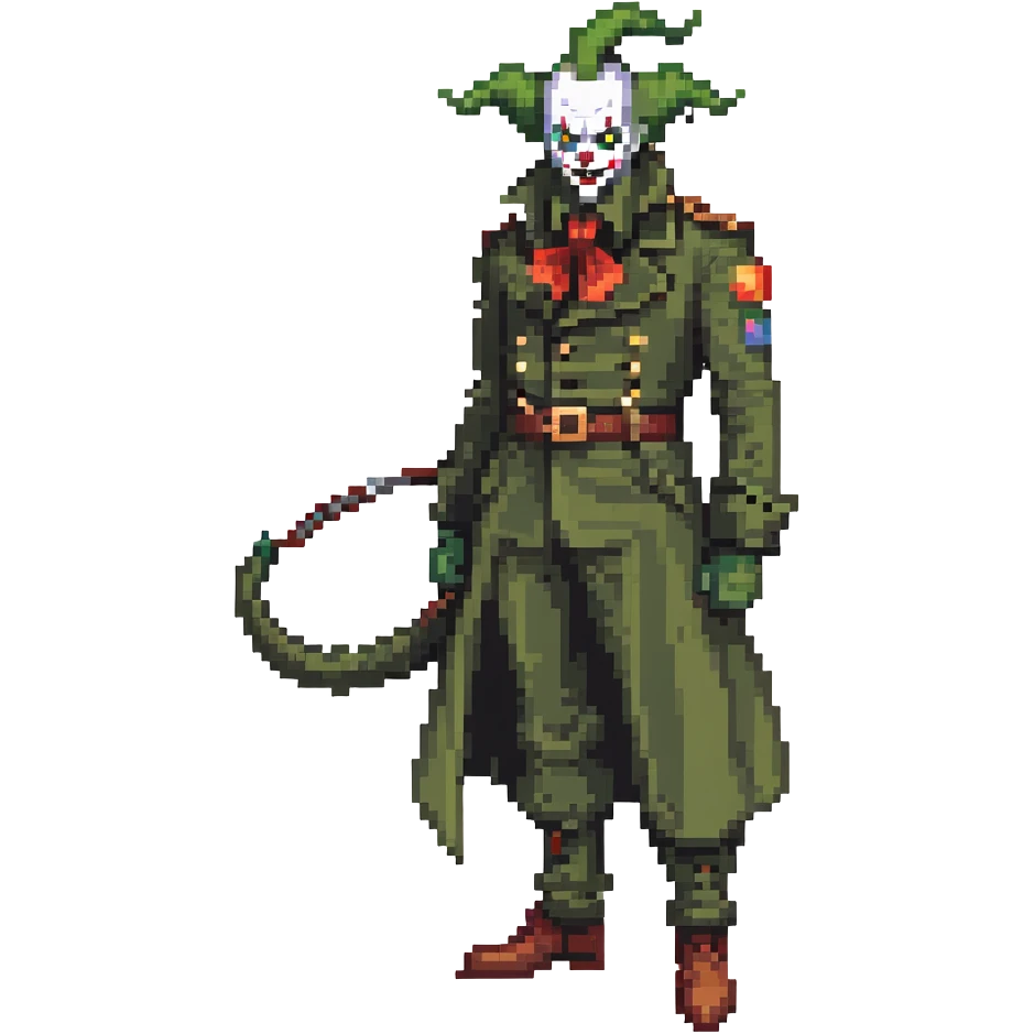 evil clown soldier, bald, small black horns on forehead, fangs, pointed ears, eye patch over one eye, long coat over black and military green clothes with bellbottom pants, tail, holding a different style of whip, realistically proportioned, less bulky, full body, fighting stance emoji