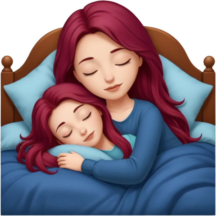 Beautiful long burgundy haired girl sleeping in big comfy bed emoji