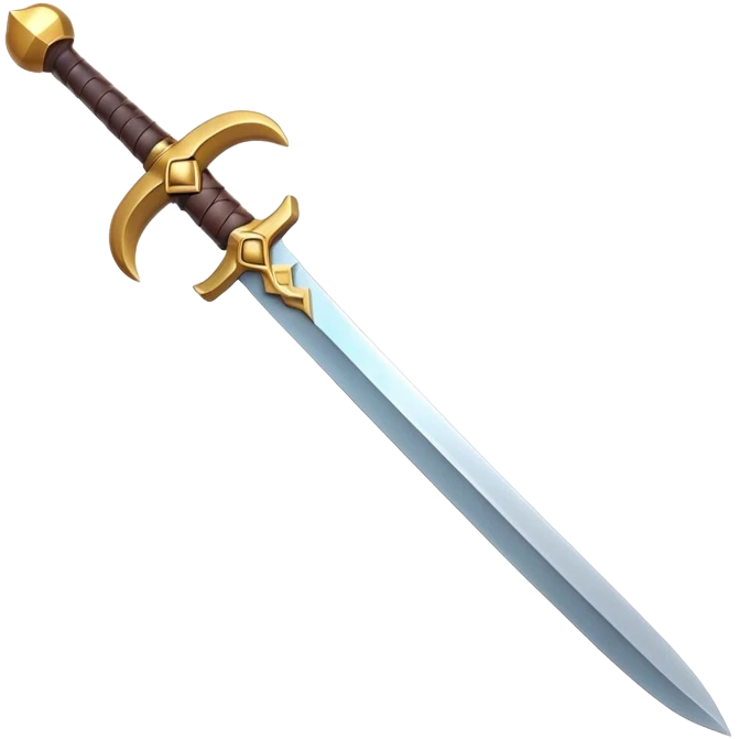 Clash of Clans aesthetic: Cinematic Playful Sword Emoji, rendered in a 3D vector-style similar to standard emojis with minimal shading and bold, simplified shapes. A compact, isometric blade with a gleaming, intricately designed hilt and a razor-sharp edge, softly glowing with a heroic, battle-ready charm. Simplified yet unmistakably iconic, highly detailed and consistent, glowing with a soft radiant brilliance and high shine. Stylized with a touch of medieval finesse and a soft glowing outline, capturing the essence of a legendary sword with a friendly, playful vibe! emoji