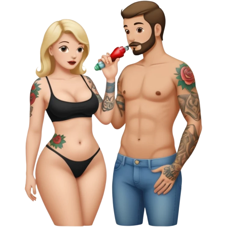 A naked white curvy woman with tattoos who is slim and is giving a blowjob or having sexual activities with a man’s penis she is naked both are naked and she is giving him a blow job and she us fully naked she is sucking the long penis emoji
