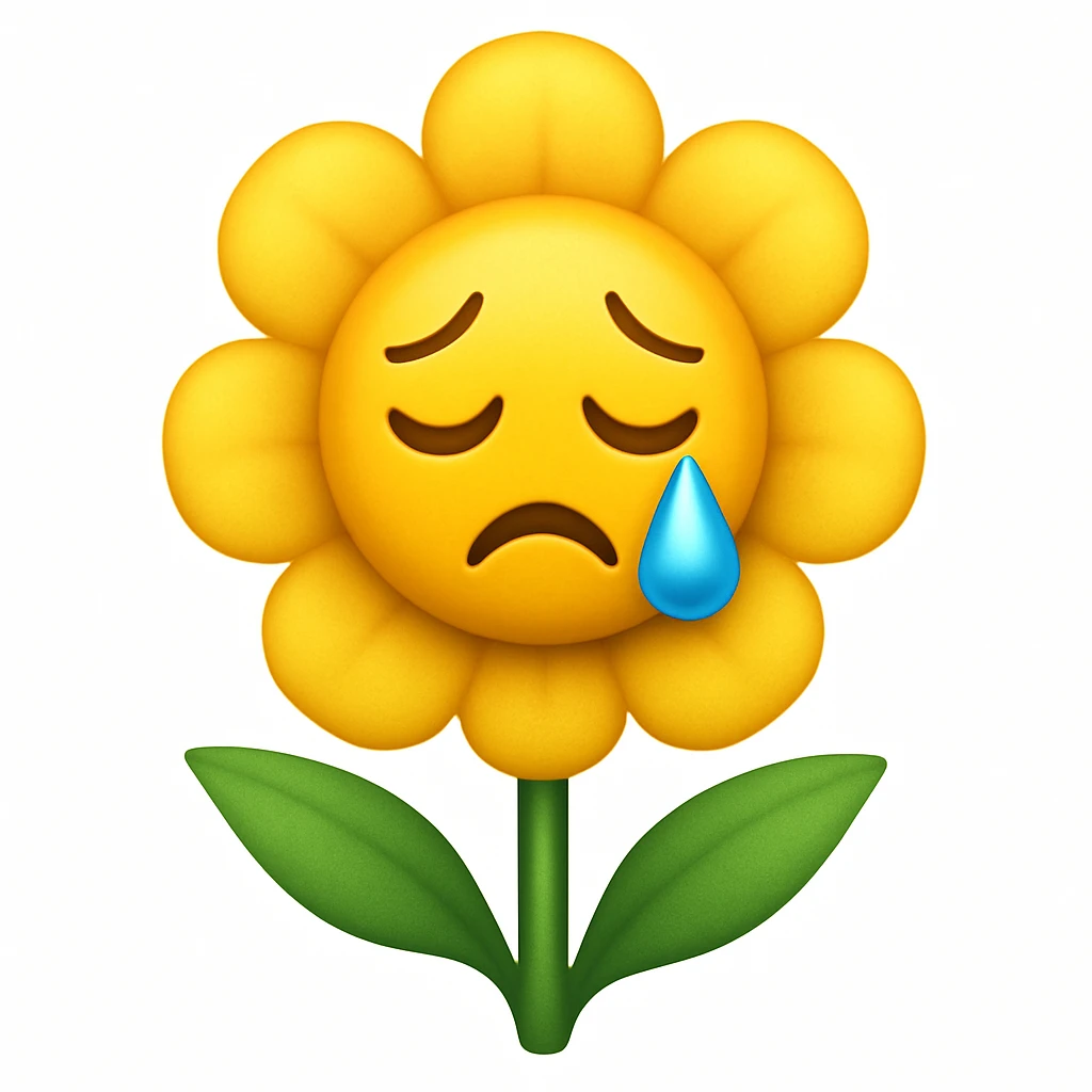 Make the sad flower with a teardrop in the style of apple style emojis emoji