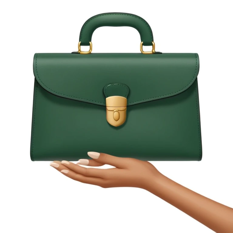female hand with nude manicure holding dark green case or briefcase for papers, minimalism, white background, no emojis or faces emoji