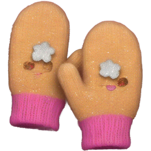 A pair of cozy knitted mittens with a glitter design emoji