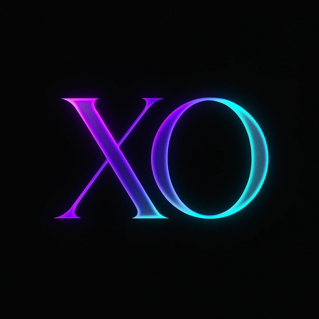 fancy 'X' and 'O' logo, neon purple and cyan, black background, sleek and modern emoji