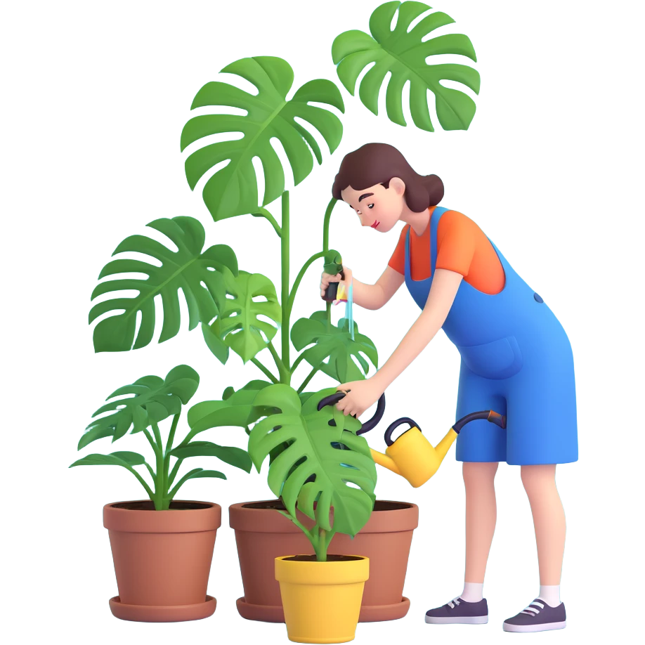 woman watering her monstera plant emoji