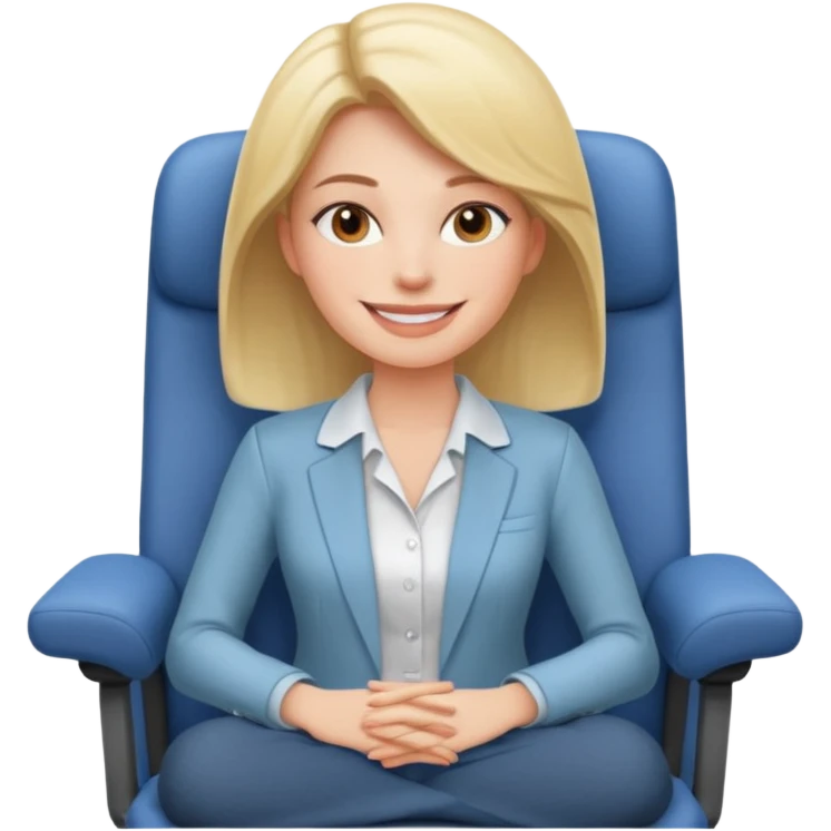 Cartoon face woman smiling and relaxing and aligned in a chair in office emoji